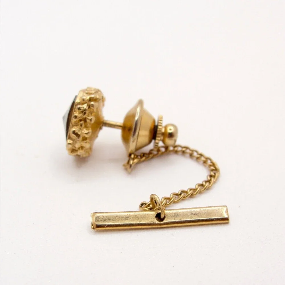 Vintage Gold Tone Square Smoky Crystal Rhinestone Tie Tac Pin Chain Wedding